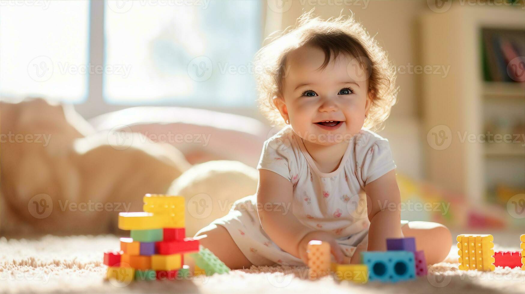 A smiling toddler playing with colorful blocks on a soft carpet under warm sunlight, surrounded by toys. Generative AI photo