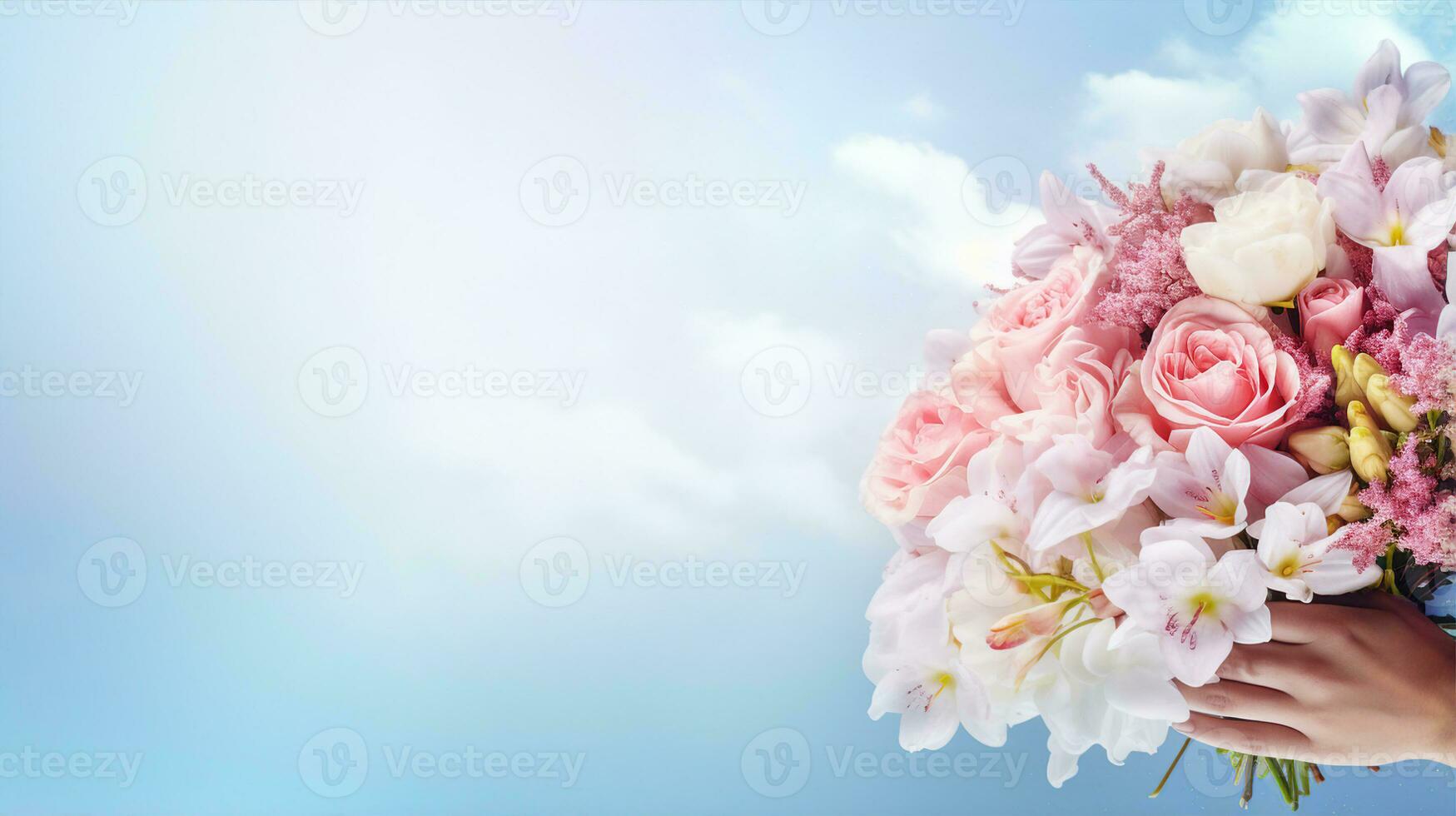 Hand holding a delicate bouquet of pink roses and flowers against a soft blue background. Generative AI photo