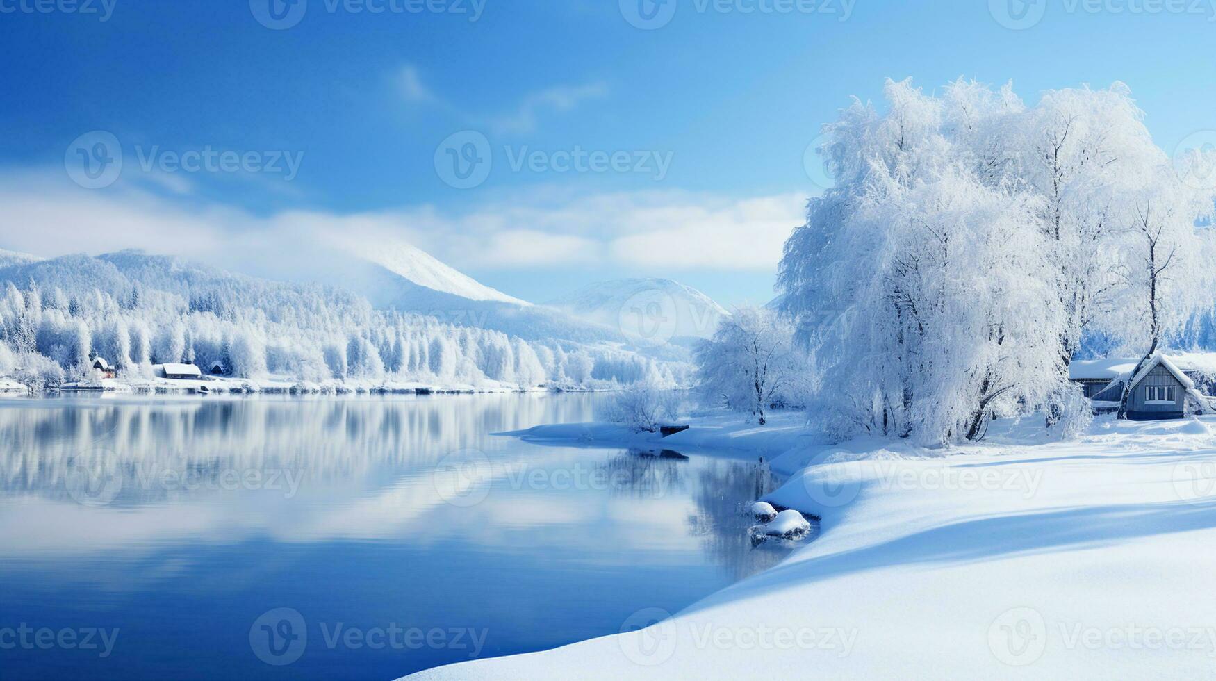 A breathtaking winter landscape showcasing frozen trees reflected on a tranquil river, epitomizing serene beauty. Generative AI photo