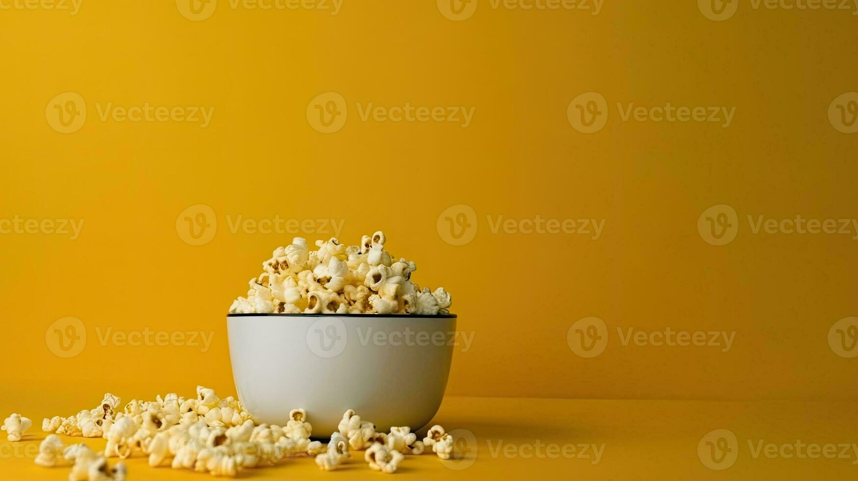 A bowl of popcorn. Web banner with copy space. Generative AI photo