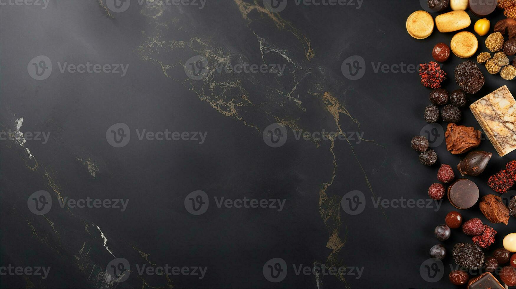 Banner displays gourmet chocolates in various shapes and flavors, placed on a dark slate with golden accents. Generative AI photo