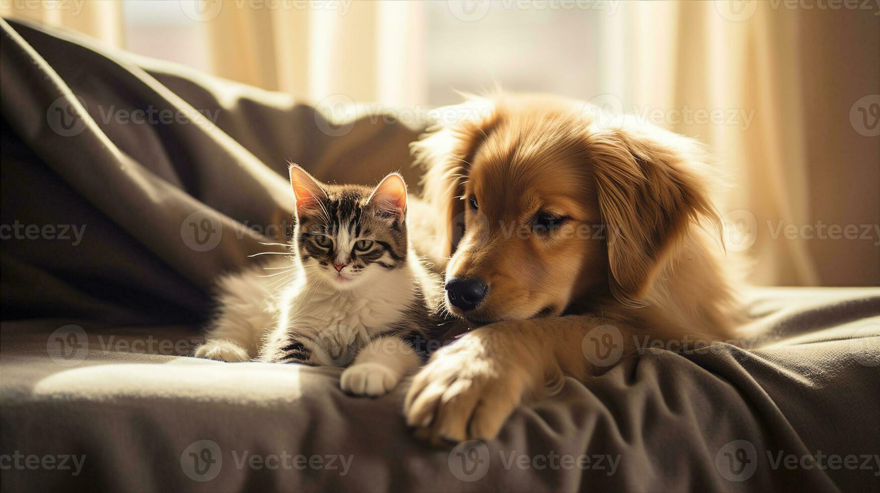 Dog and cat together, happy pets on bed. Generative AI photo