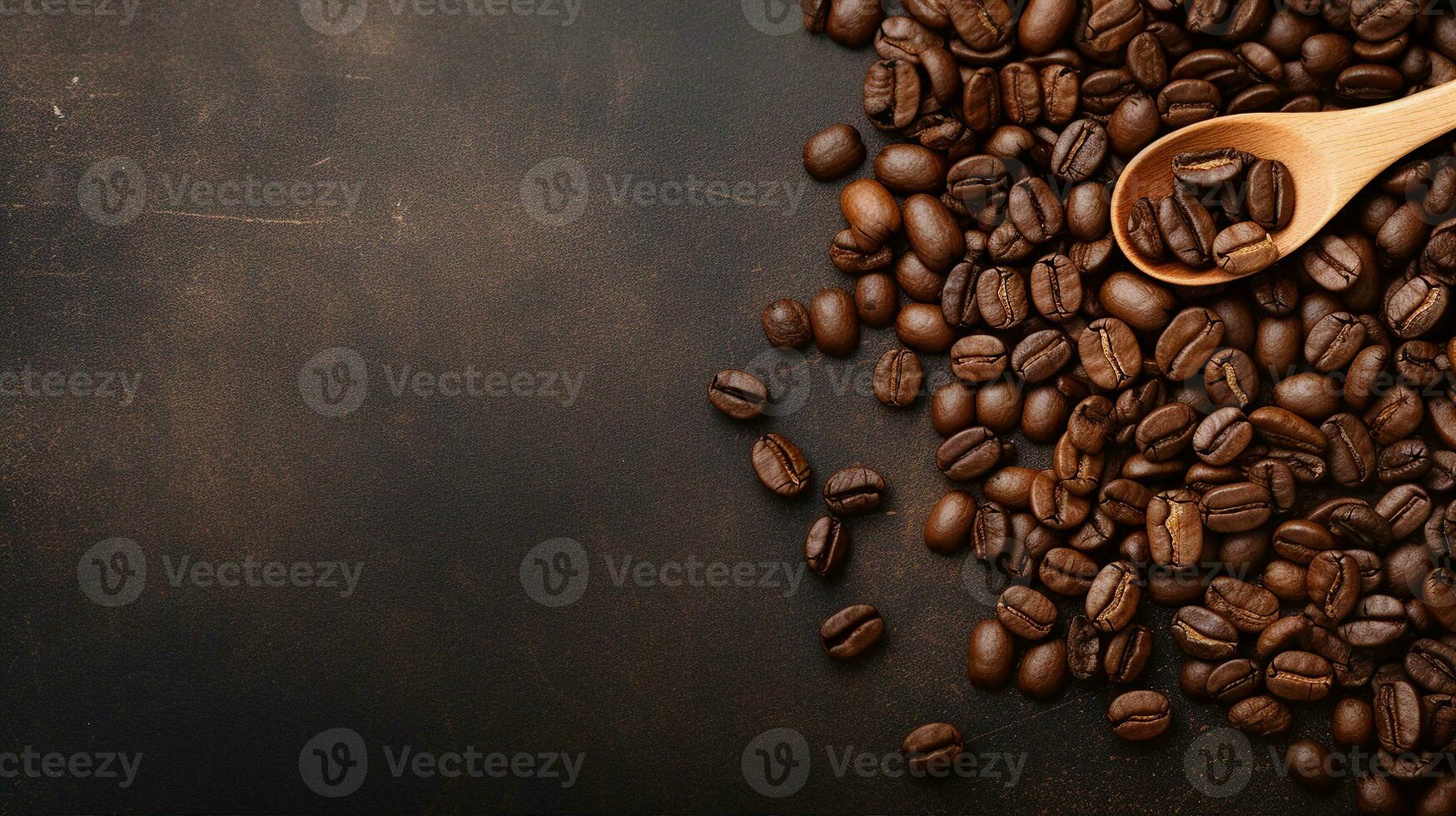 Top view of roasted coffee beans scattered on a dark textured surface with a wooden spoon. Generative AI photo