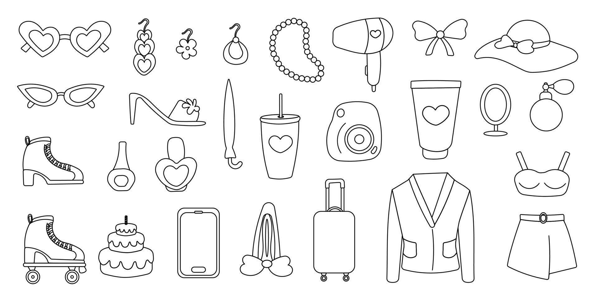 barbicore set elements pink line doodle doll vector