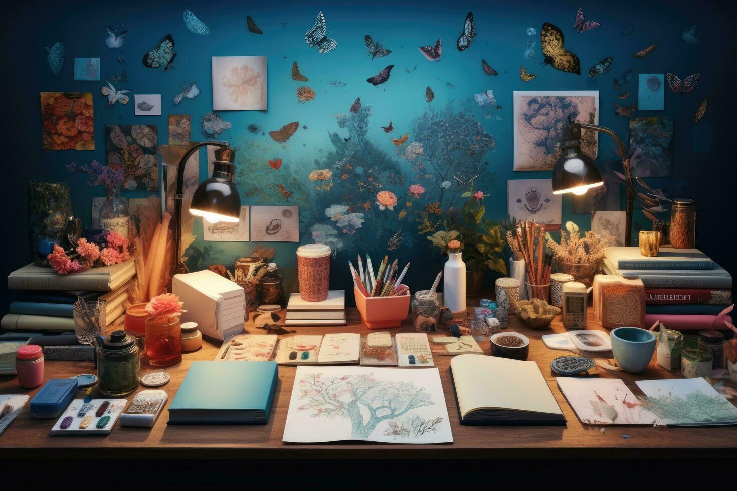 Creative workplace with books, pencils and other items on wooden table, Step into a creative corner with books, a sketch-filled diary, colorful sticky notes, and a collection of writing, AI Generated photo