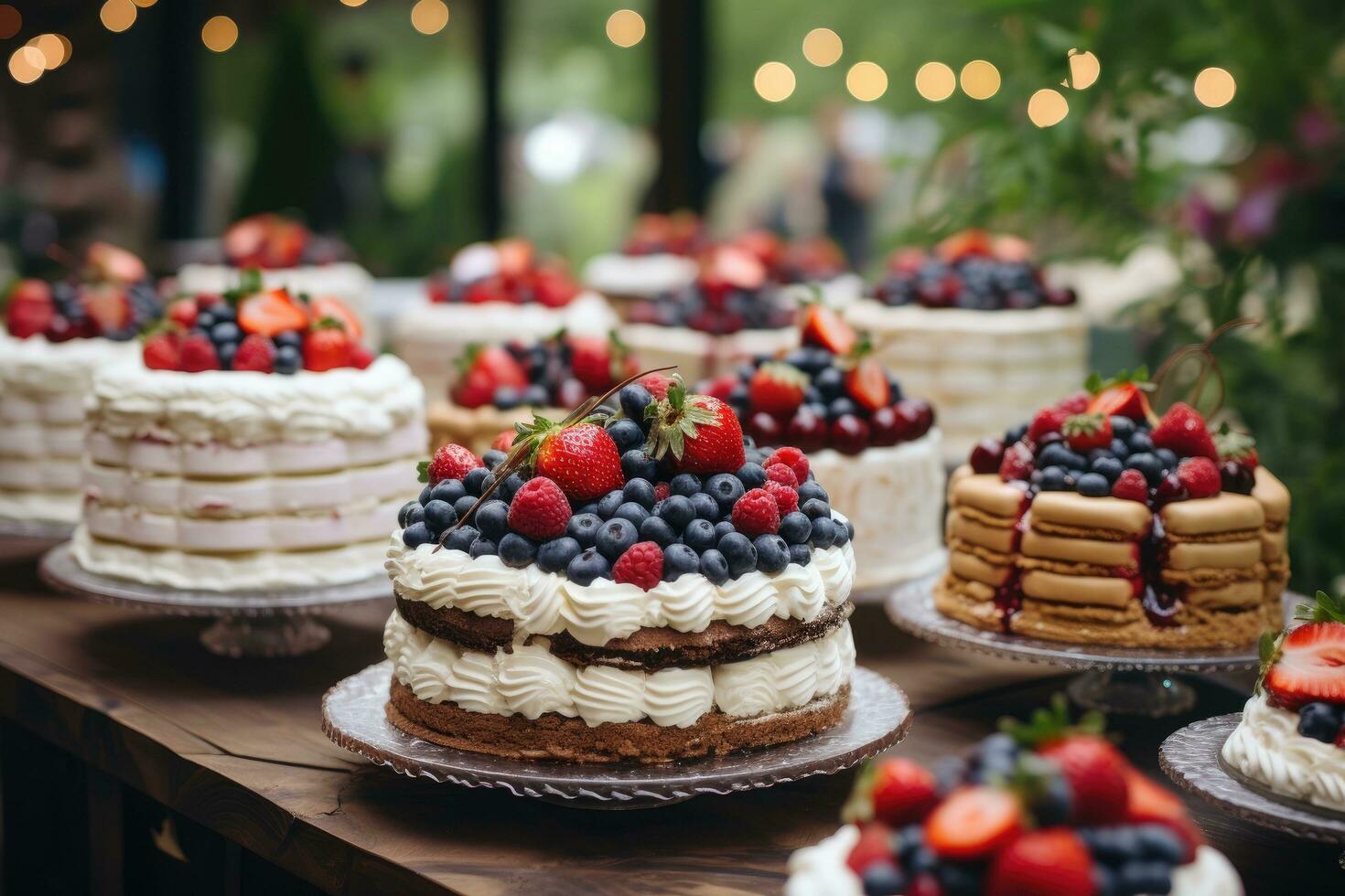 Cake with berries on a wooden table. Selective focus, Sweet tasty cakes with berries and cream on dessert table at wedding party, AI Generated photo