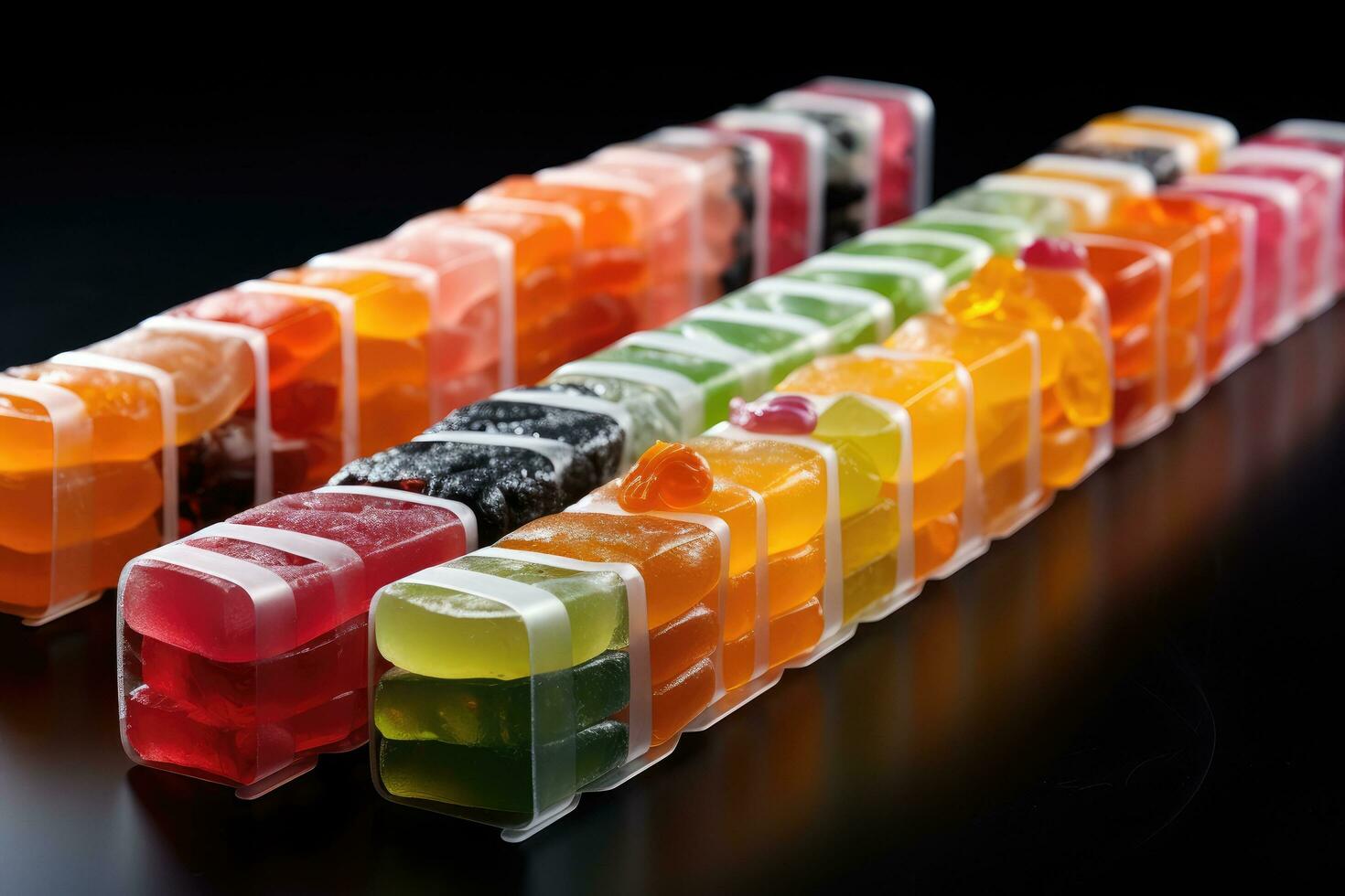 Fruit jelly candies in a row on a black background, tape sweets, candied fruits, in the food industry, products ready for automatic packaging, AI Generated photo