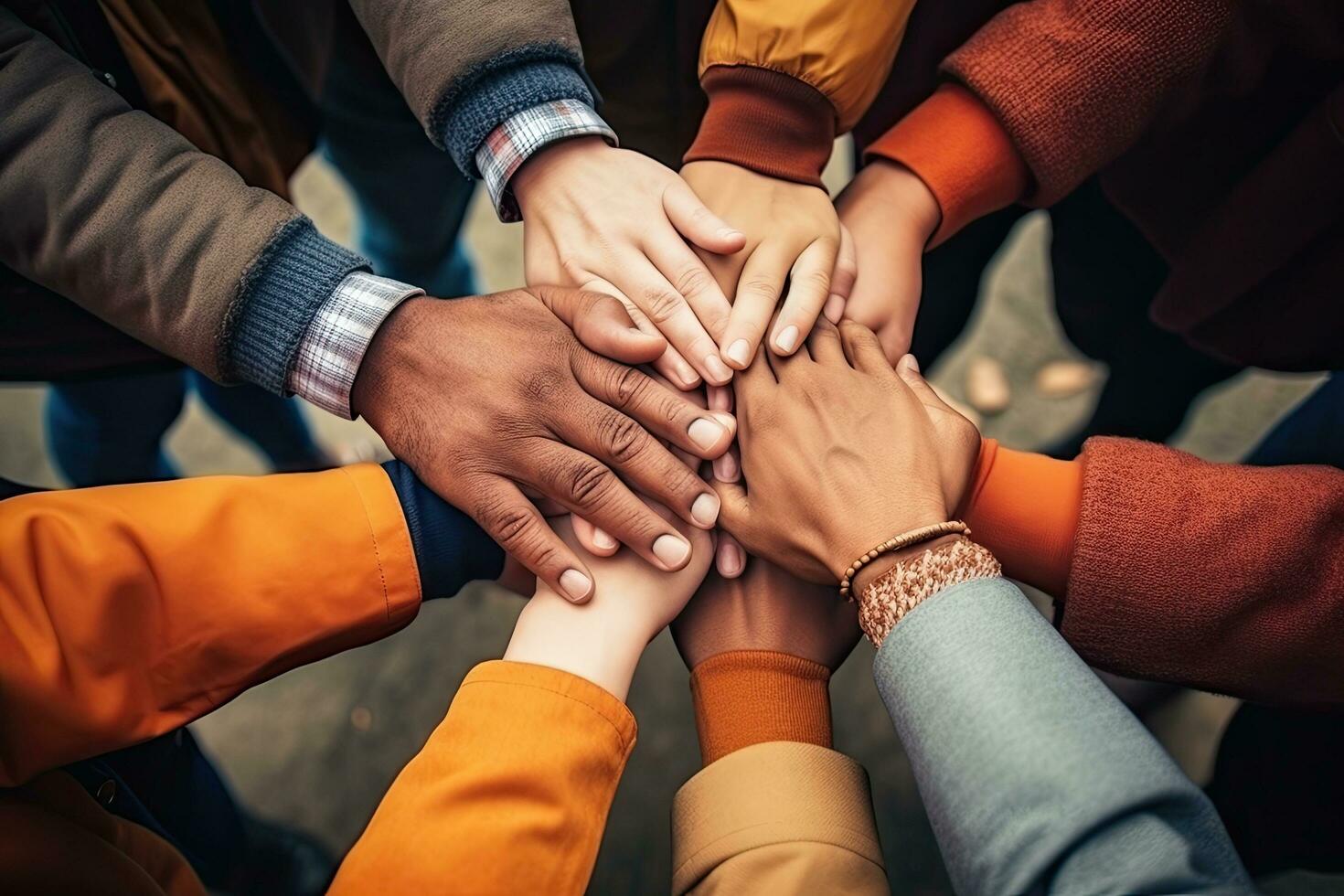 Group of multiethnic people holding hands together. Diversity concept, Team members putting hands together close-up, top view, No visible faces, AI Generated photo