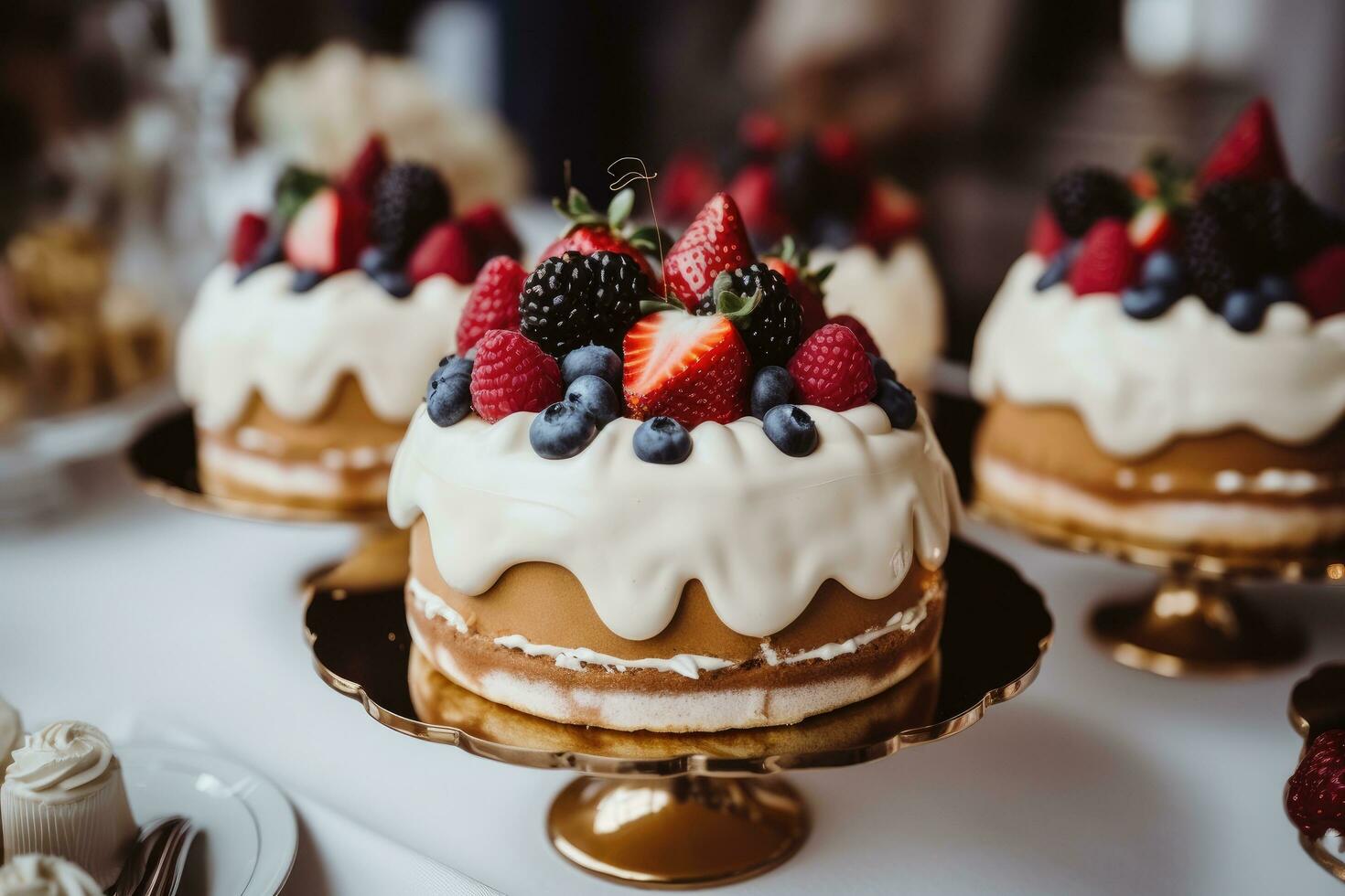 Cake decorated with fresh berries and whipped cream, selective focus, Sweet tasty cakes with berries and cream on dessert table at wedding party, AI Generated photo