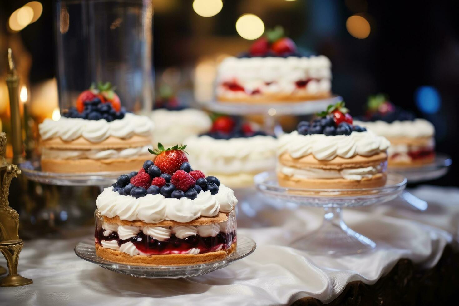 Delicious meringue cake with fresh berries on the table, Sweet tasty cakes with berries and cream on dessert table at wedding party, AI Generated photo