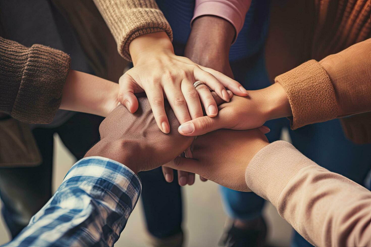 grupo de diverso personas poniendo su manos juntos en parte superior de cada otro, equipo miembros poniendo manos juntos de cerca, parte superior vista, No visible caras, ai generado foto