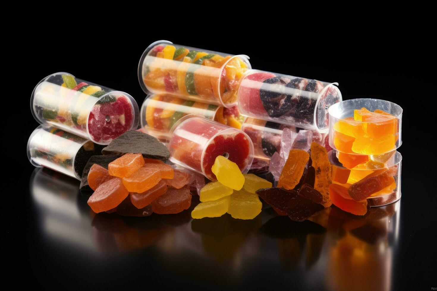 Assorted candies in test tube on black background. Selective focus, tape sweets, candied fruits, in the food industry, products ready for automatic packaging, AI Generated photo