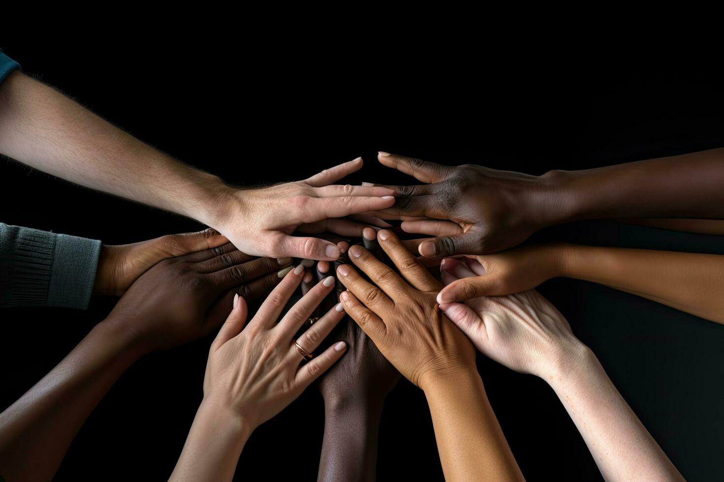 grupo de diverso personas poniendo manos juntos en negro fondo, de cerca, equipo miembros chocando los cinco de cerca, manos visible solo, No visible caras, No mano deformidades, ai generado foto