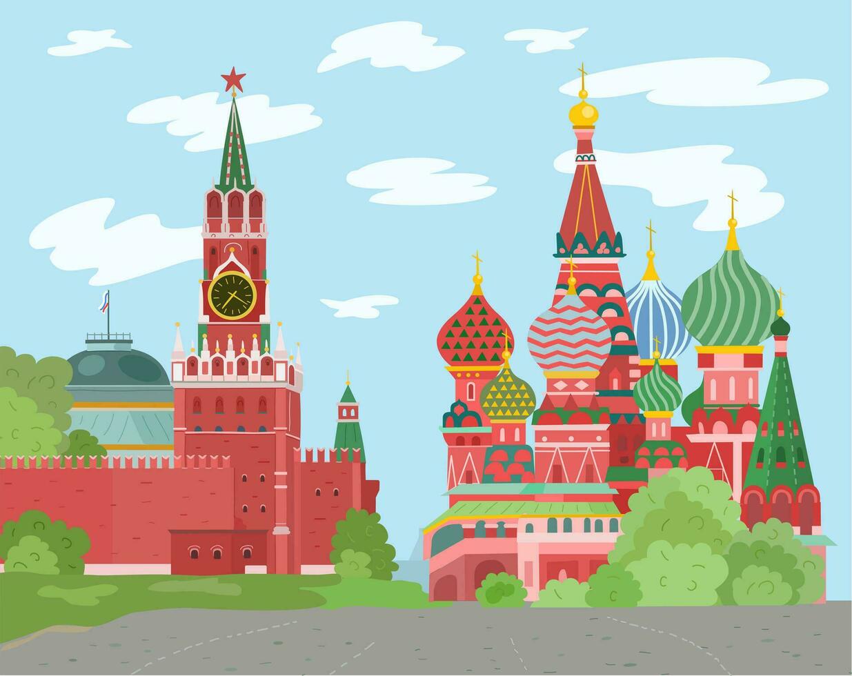 Moscow is the capital of Russia, Red Square. Kremlin and St. Basil's Cathedral. Vector illustration.