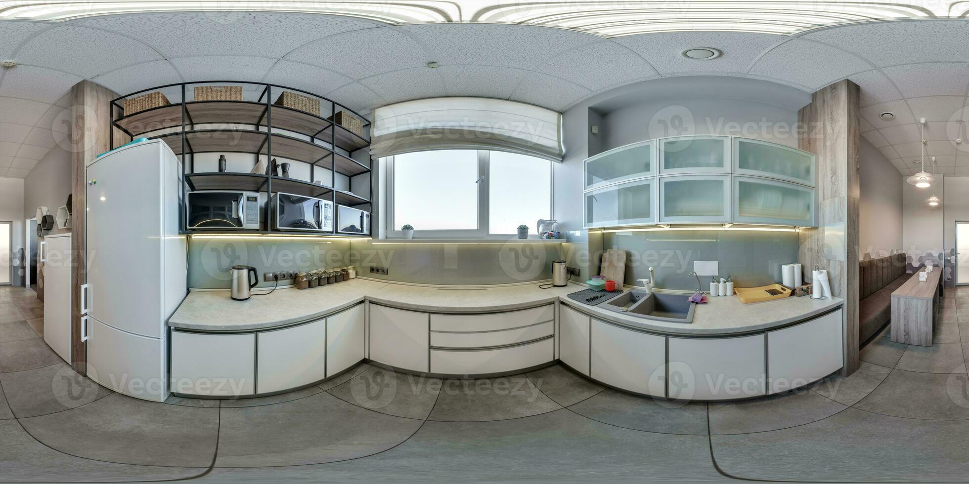 full seamless spherical hdri 360 panorama view in white interior of modern luxure kitchen in studio apartments with cupboard in equirectangular projection, VR content photo