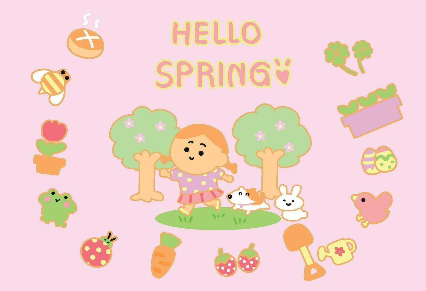 Digital art spring season and icon set ,lovely cartoon style. vector