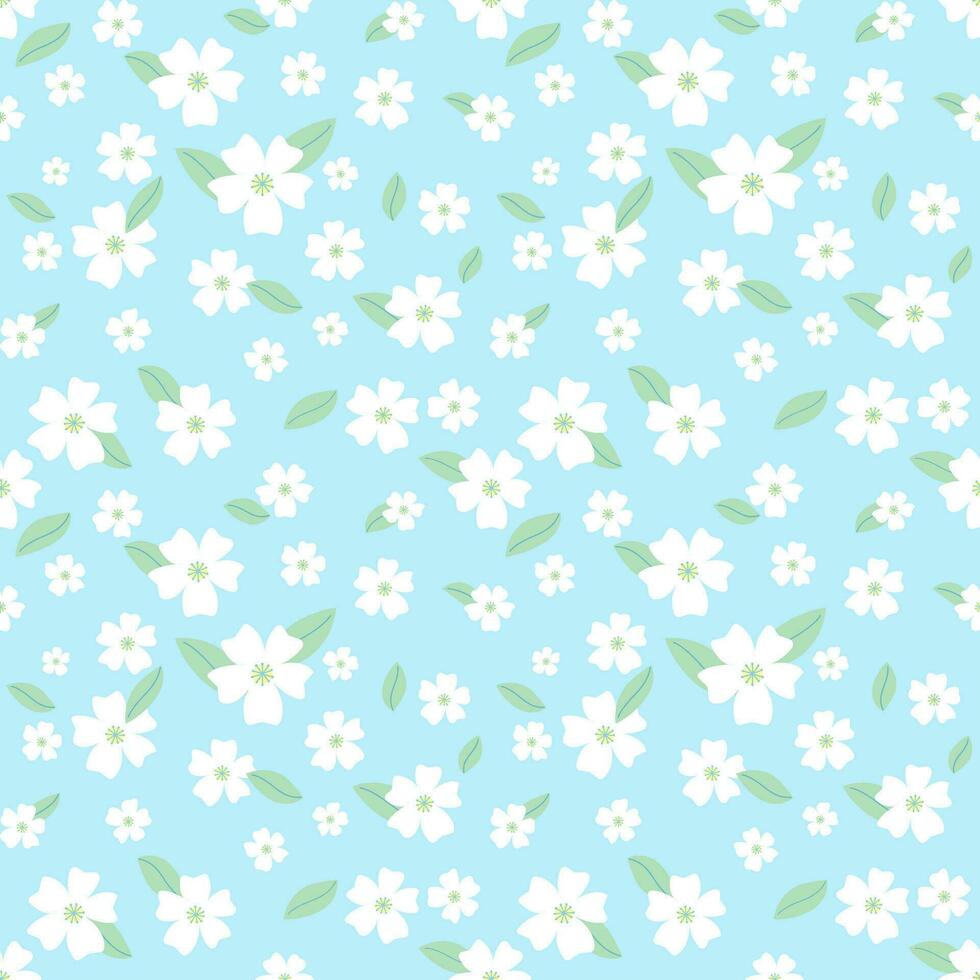 Seamless pattern of white flowers, floral and leaf in blue background for design, decoration, paper wrap vector