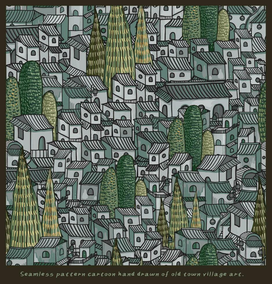 02 Seamless pattern hand drawn cartoon old village art vector