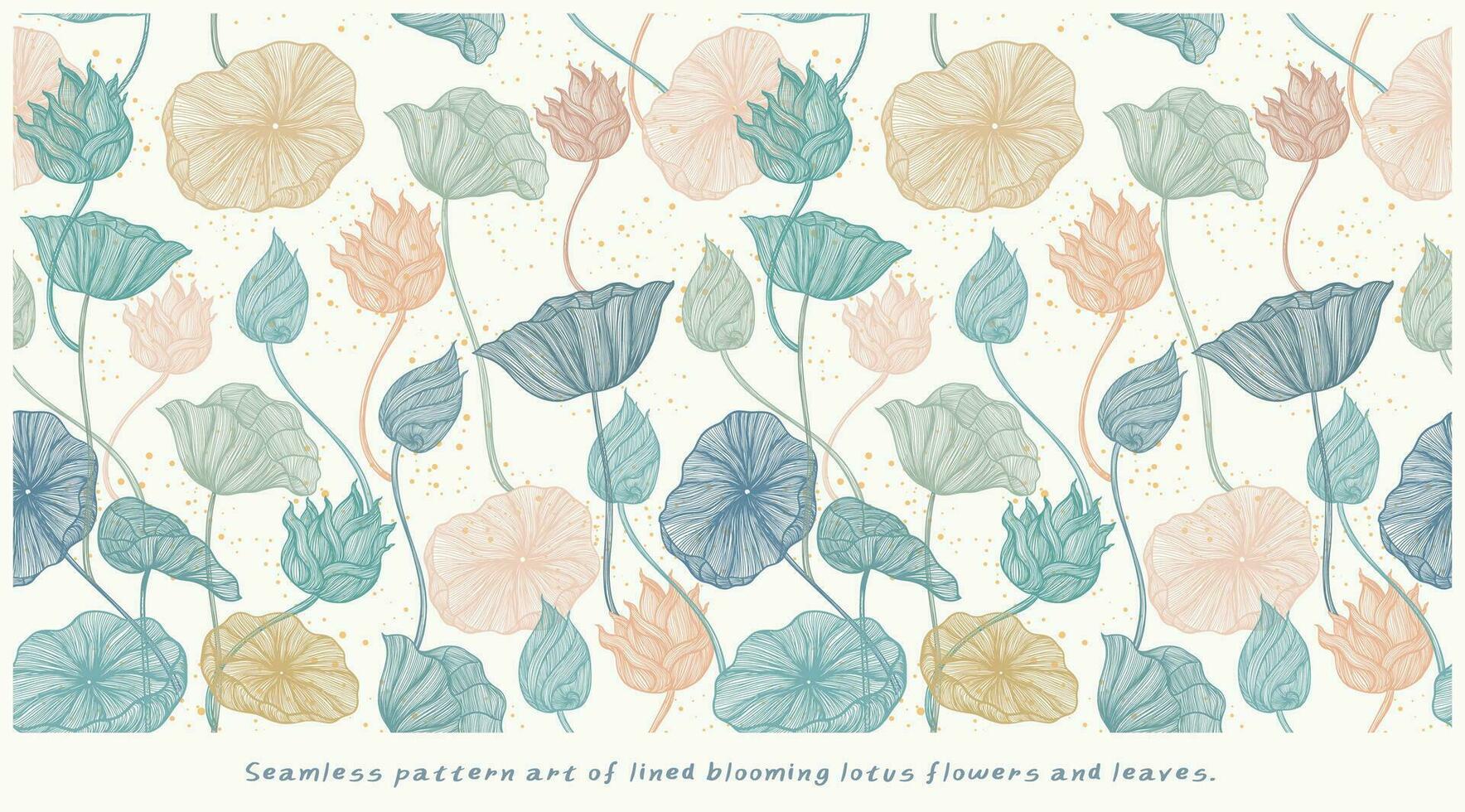 Seamless pattern art of lined blooming lotus flowers and leaves vector