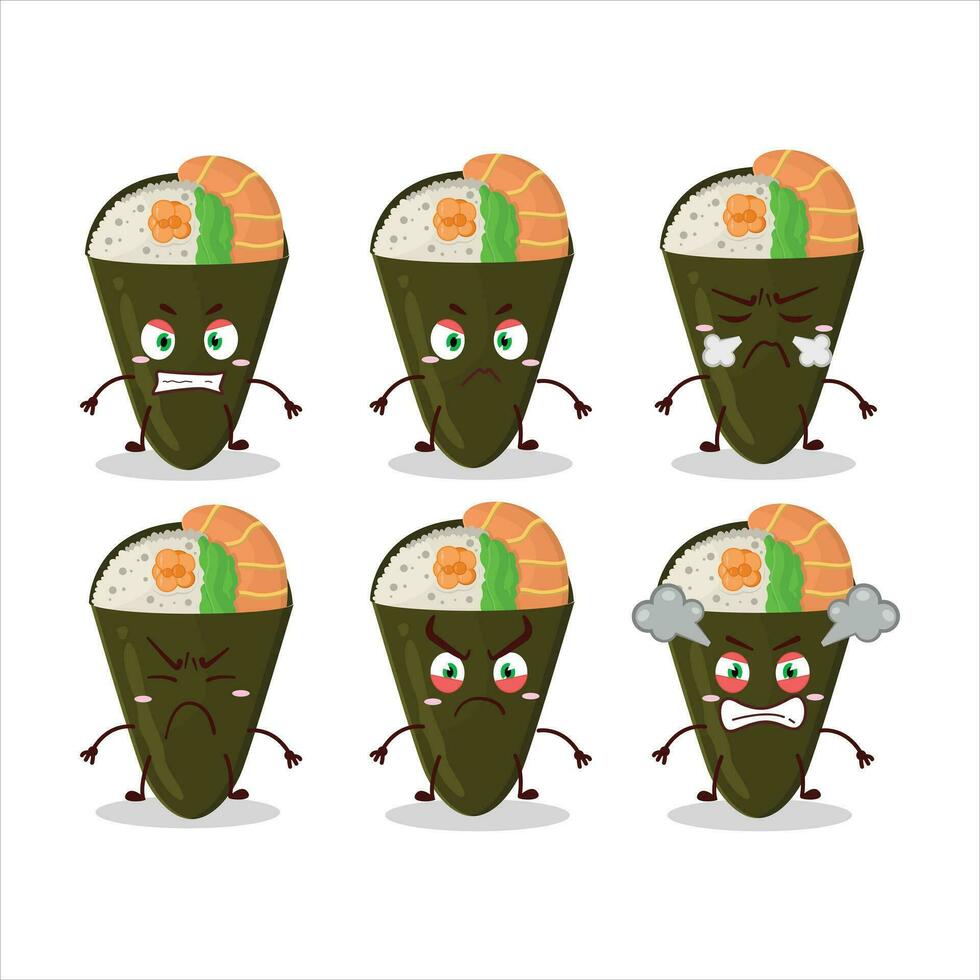 temaki dibujos animados personaje con varios enojado expresiones vector