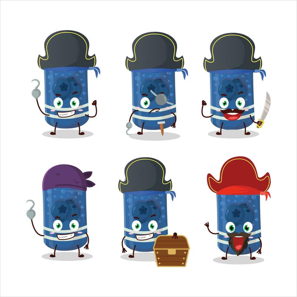 dibujos animados personaje de baya soda lata con varios piratas emoticones vector