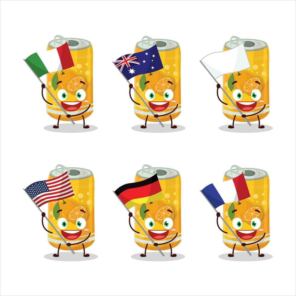 Orange soda can cartoon character bring the flags of various countries vector