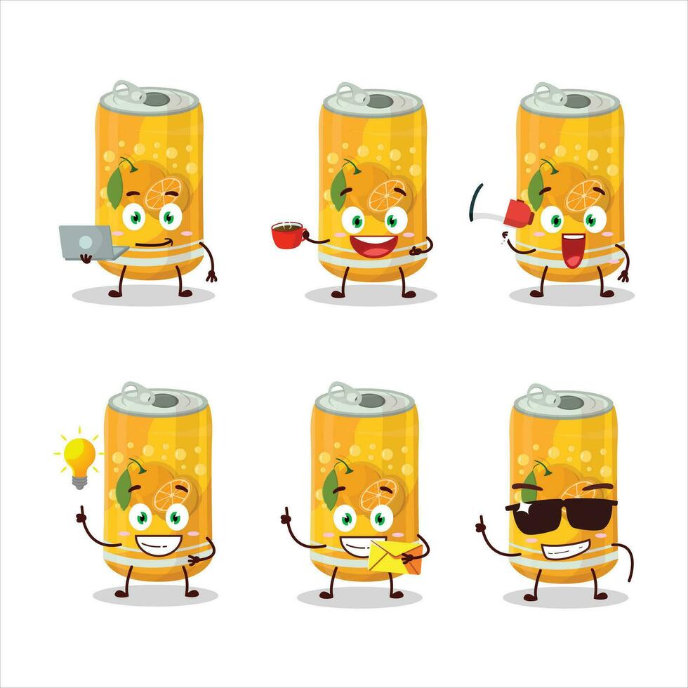 naranja soda lata dibujos animados personaje con varios tipos de negocio emoticones vector