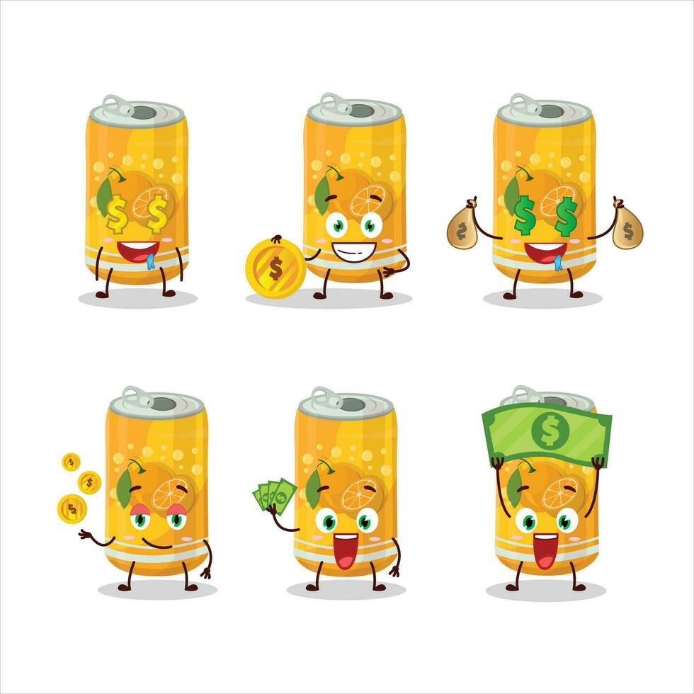 naranja soda lata dibujos animados personaje con linda emoticon traer dinero vector