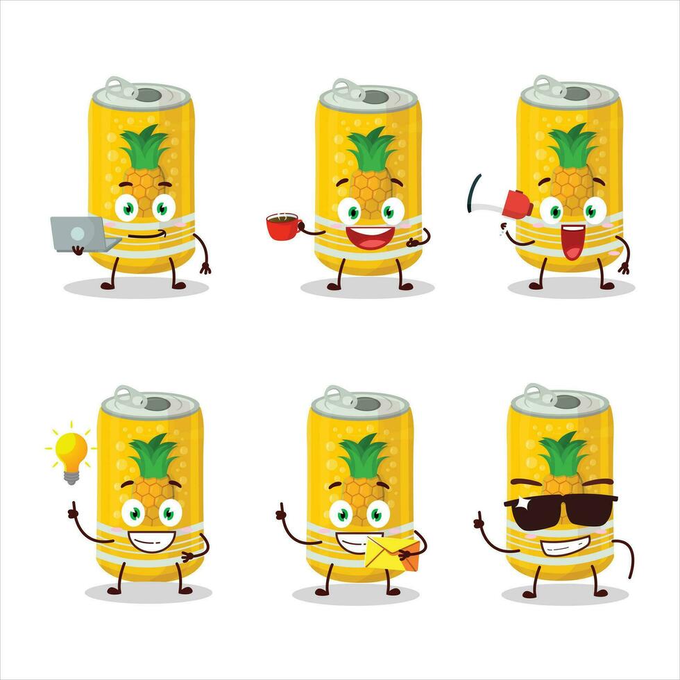 Pineapple soda can cartoon character with various types of business emoticons vector