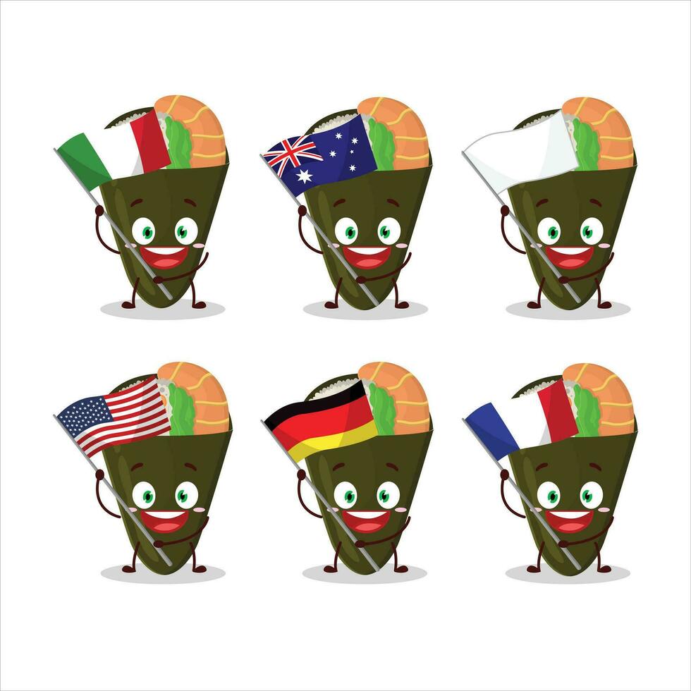 Temaki cartoon character bring the flags of various countries vector