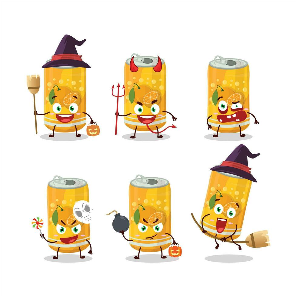 Halloween expression emoticons with cartoon character of orange soda can vector