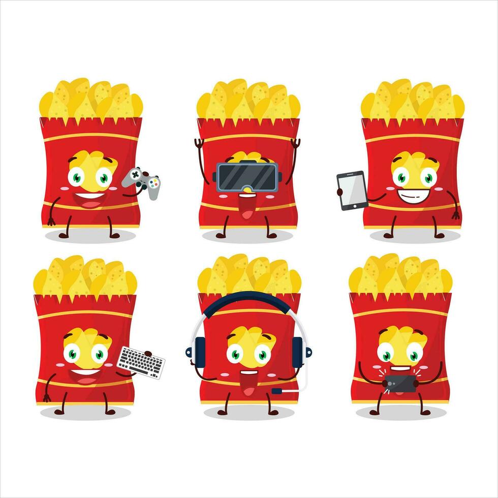 Potato chips cartoon character are playing games with various cute emoticons vector