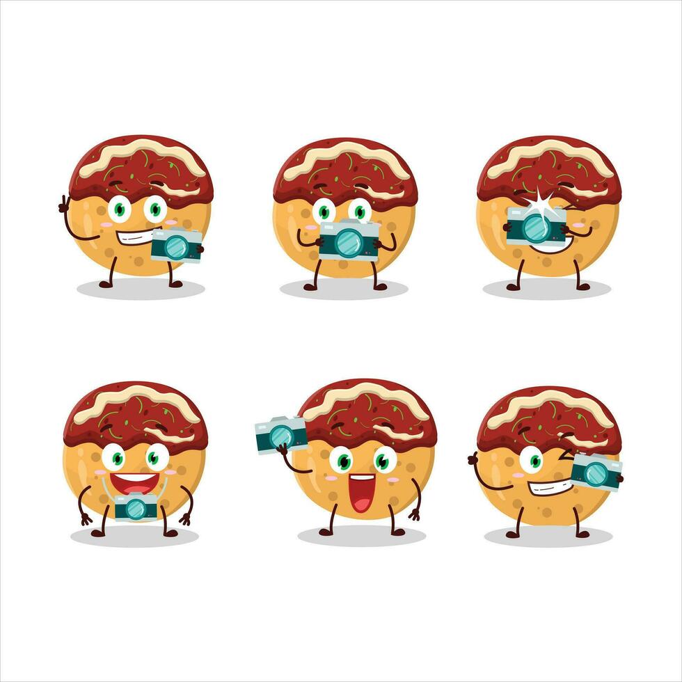 fotógrafo profesión emoticon con takoyaki dibujos animados personaje vector