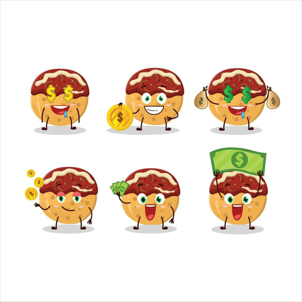 takoyaki dibujos animados personaje con linda emoticon traer dinero vector