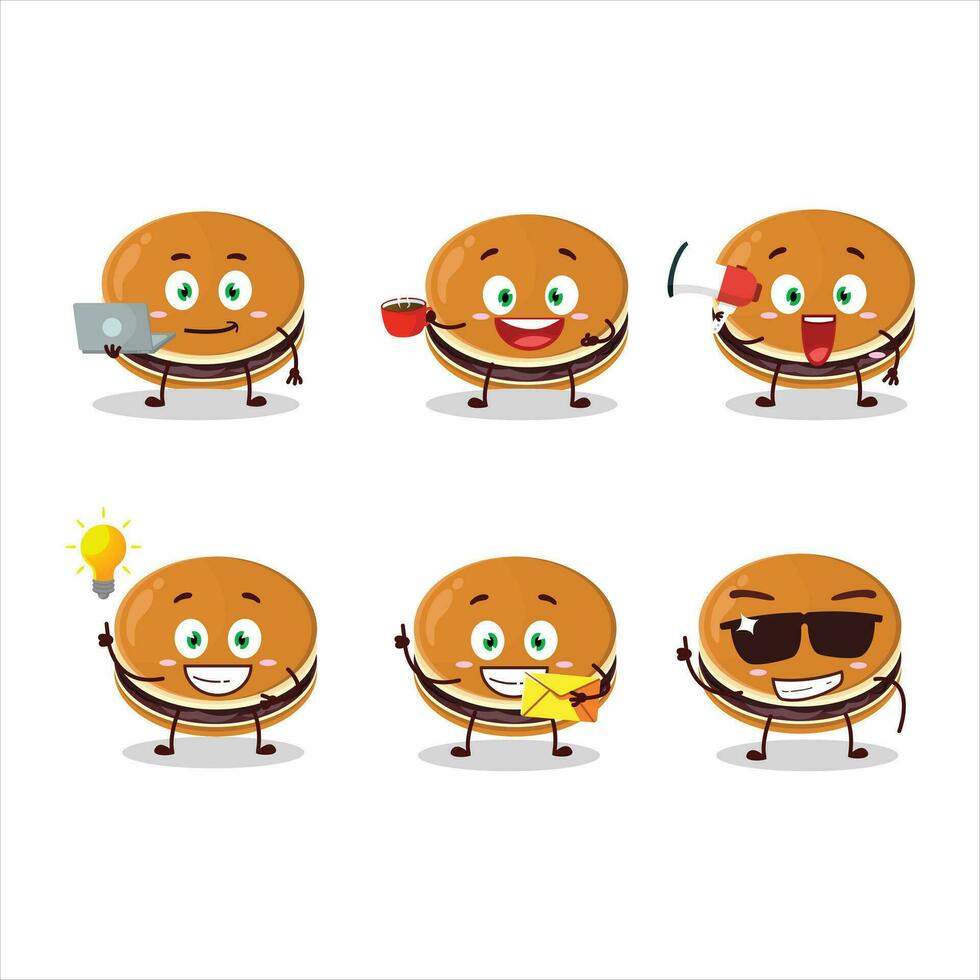 Dorayaki cartoon character with various types of business emoticons vector