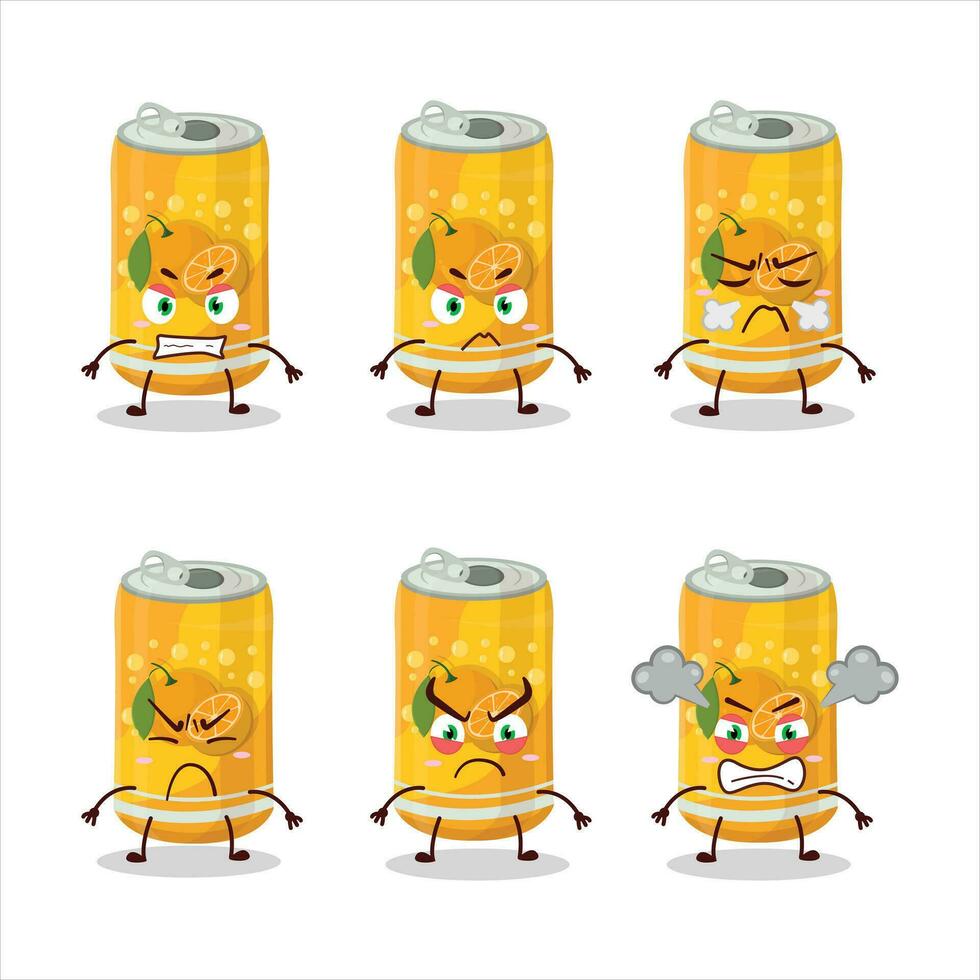 Orange soda can cartoon character with various angry expressions vector