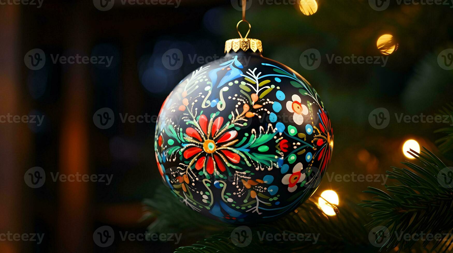 Christmas tree ball with folk ornament. AI generated image. photo