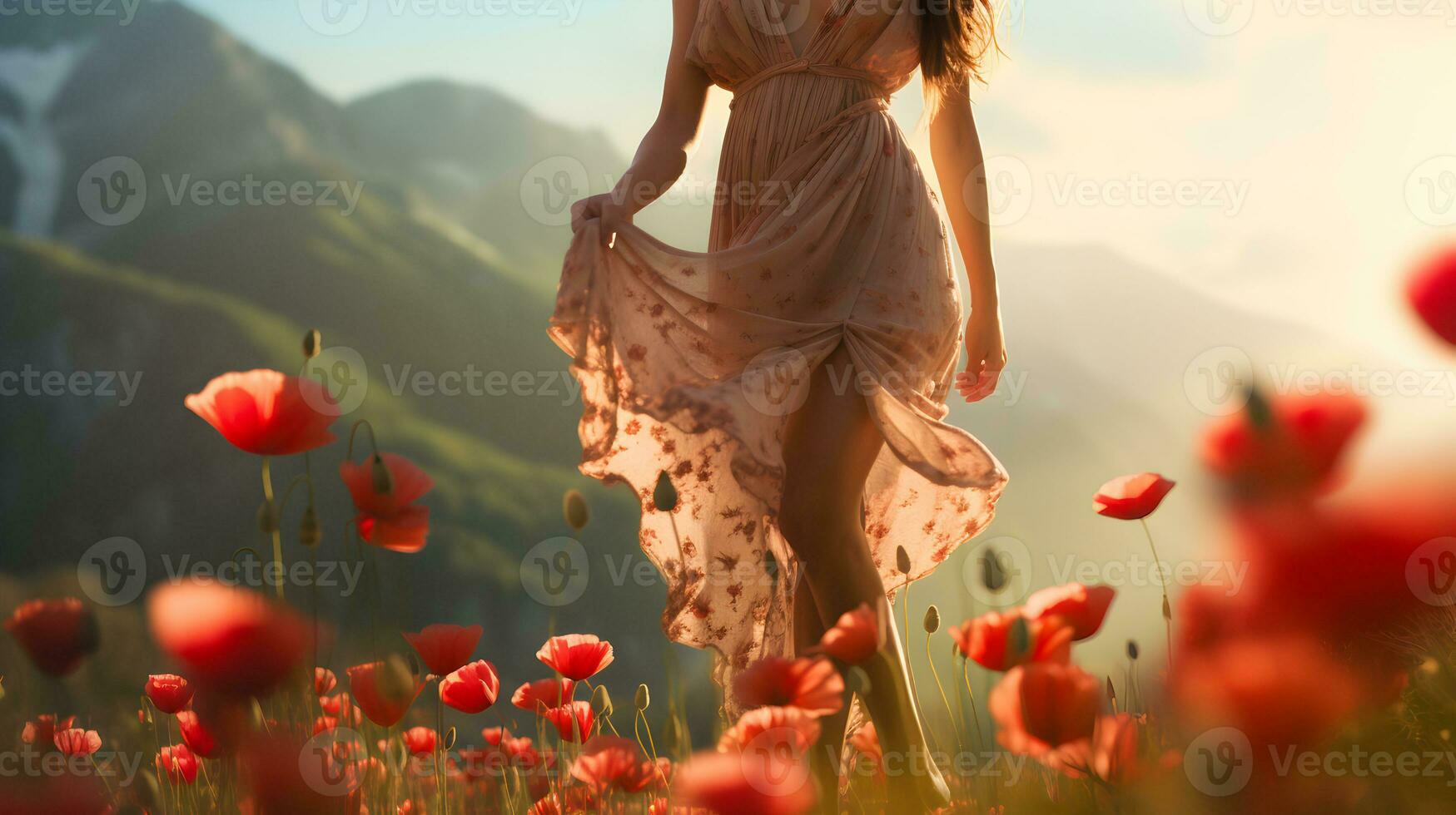 Barefoot young woman walking through the poppy flowers field. AI generated image. photo