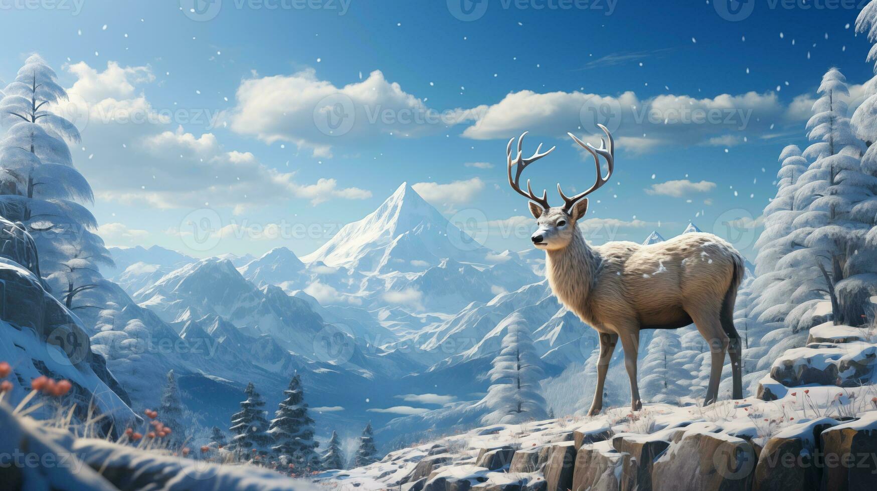 Reindeer in snowy landscape with pines forest and hills on background. Drawing art and paint style of snow-covered field. Horizontal nature scene. photo
