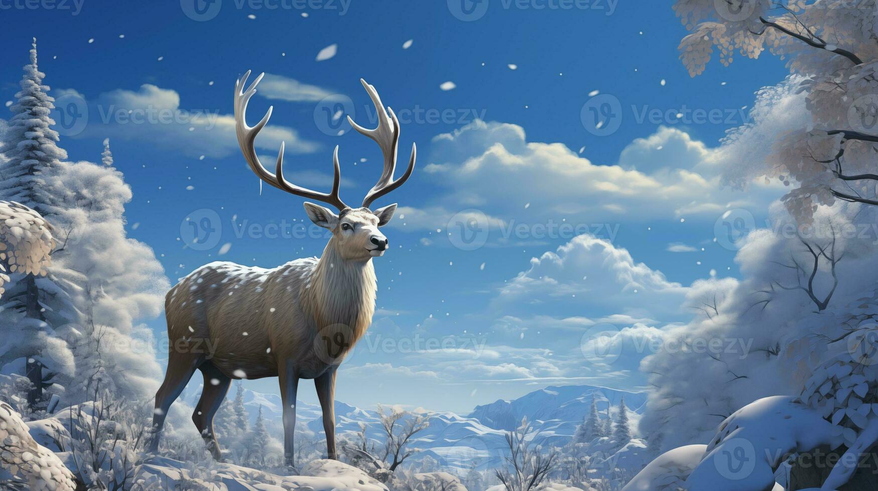 Reindeer in snowy landscape with pines forest and hills on background. Drawing art and paint style of snow-covered field. Horizontal nature scene. photo