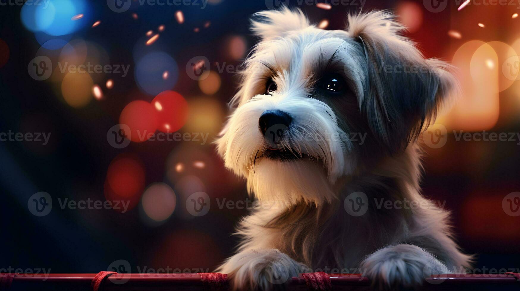Super cute dog watching movie in the cinema. AI generated image. photo