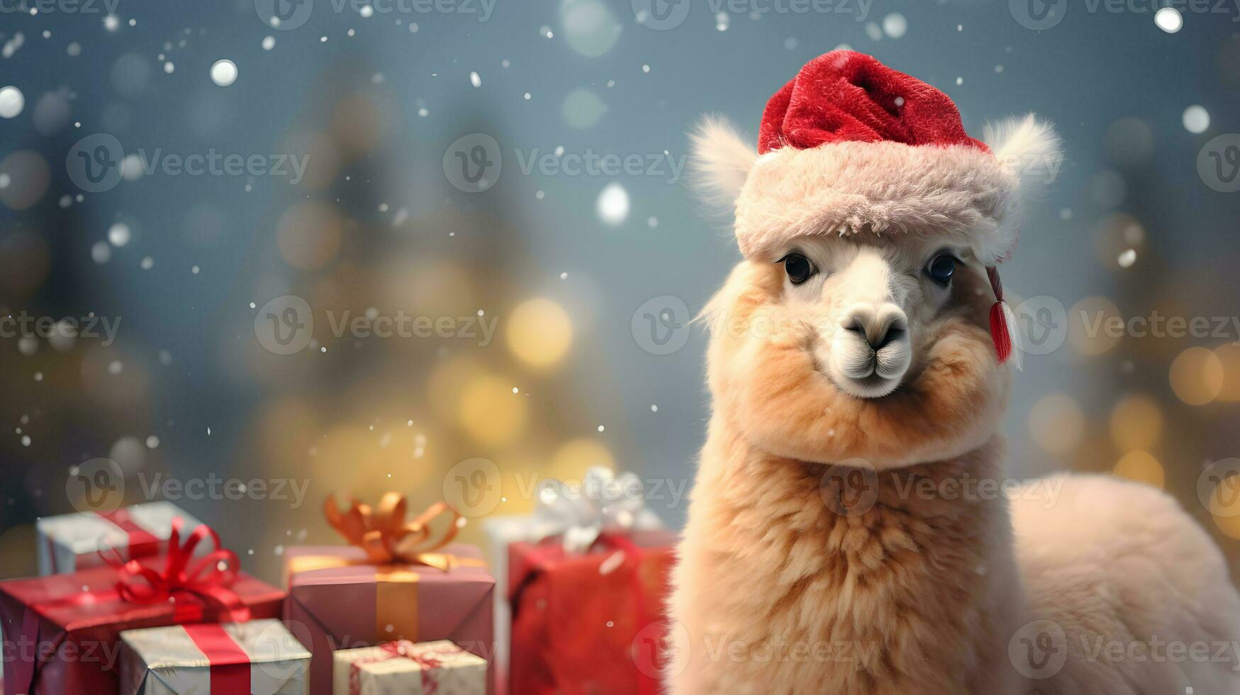 Super cute alpaca in Santa hat with gift boxes. Merry Christmas greeting concept. AI generated image. photo