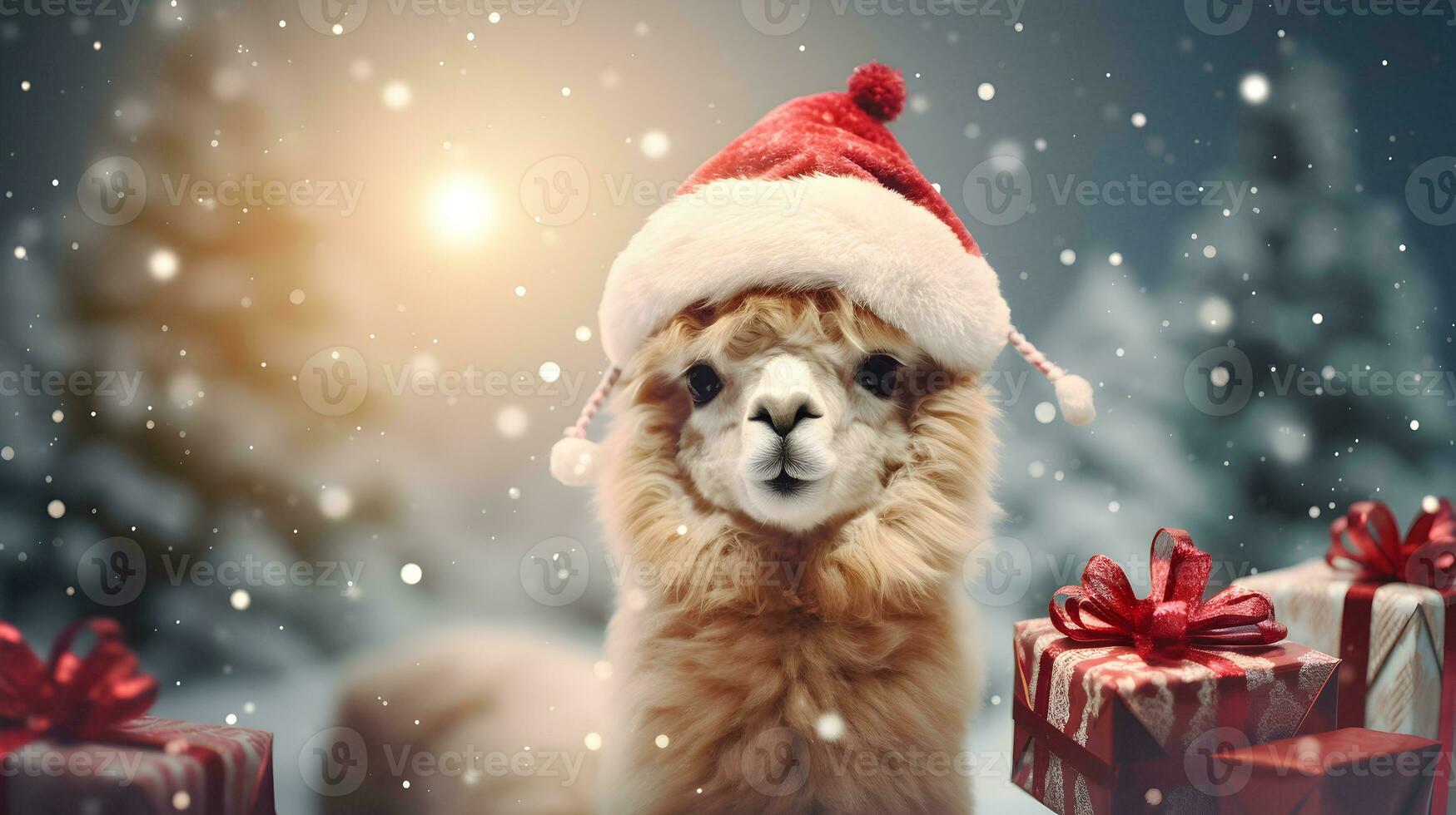 Super cute alpaca in Santa hat with gift boxes. Merry Christmas greeting concept. AI generated image. photo
