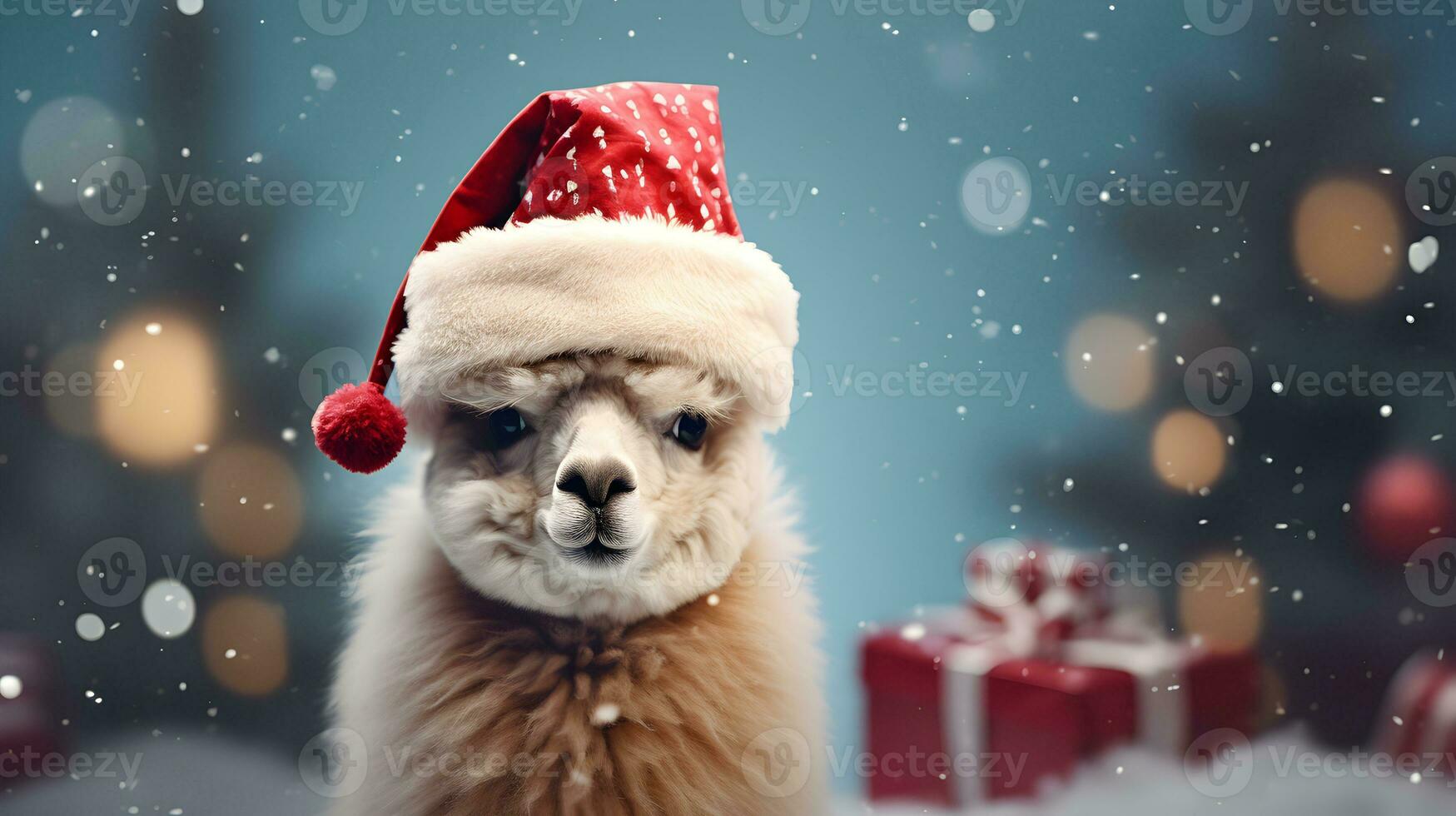 Super cute alpaca in Santa hat with gift boxes. Merry Christmas greeting concept. AI generated image. photo