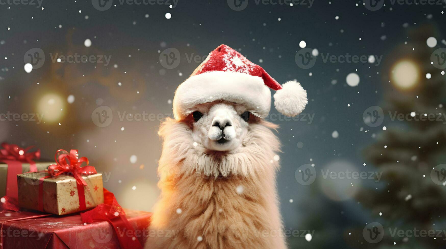 Super cute alpaca in Santa hat with gift boxes. Merry Christmas greeting concept. AI generated image. photo
