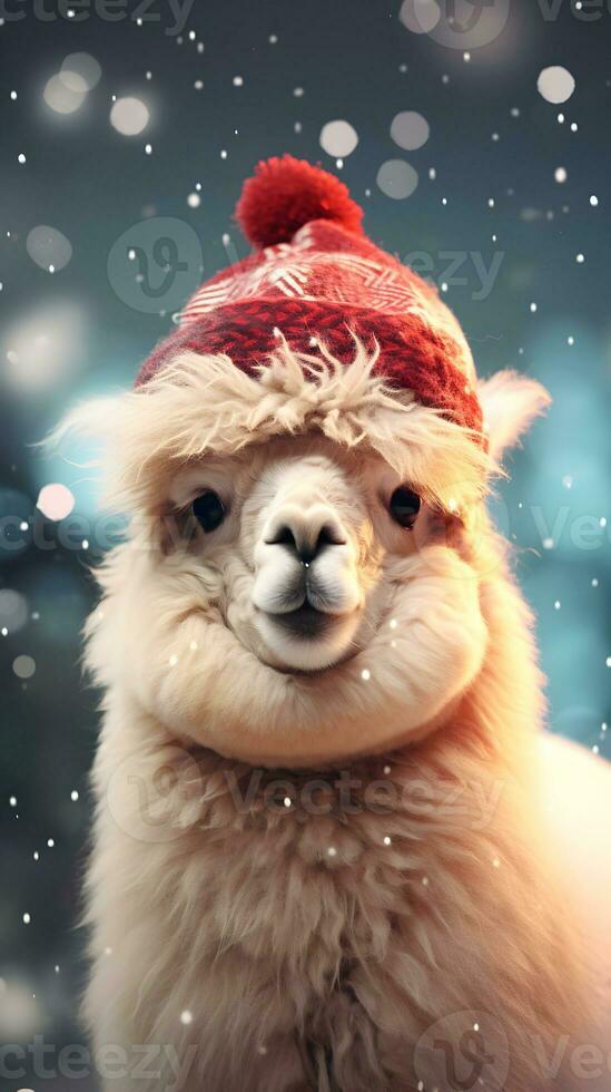 Super cute alpaca in Santa hat with gift boxes. Merry Christmas greeting concept. AI generated image. photo