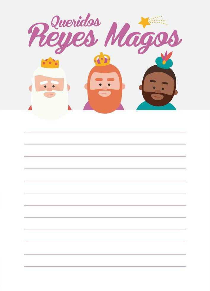 Funny vectorized letter. Dear wise men, written in Spanish. Kings of orient vectors