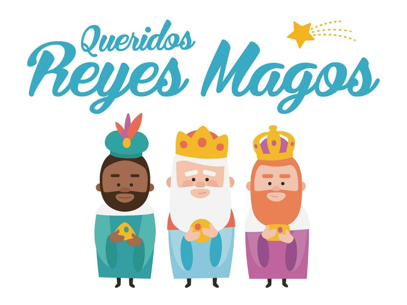 Dear wise men, written in Spanish. Three funny wise men. Kings of orient. Christmas vectors