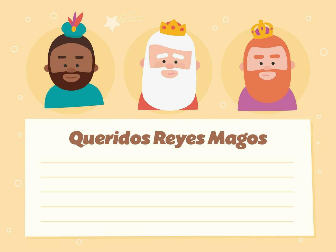 Funny vectorized letter. Dear wise men, written in Spanish. Kings of orient vectors on yellow background