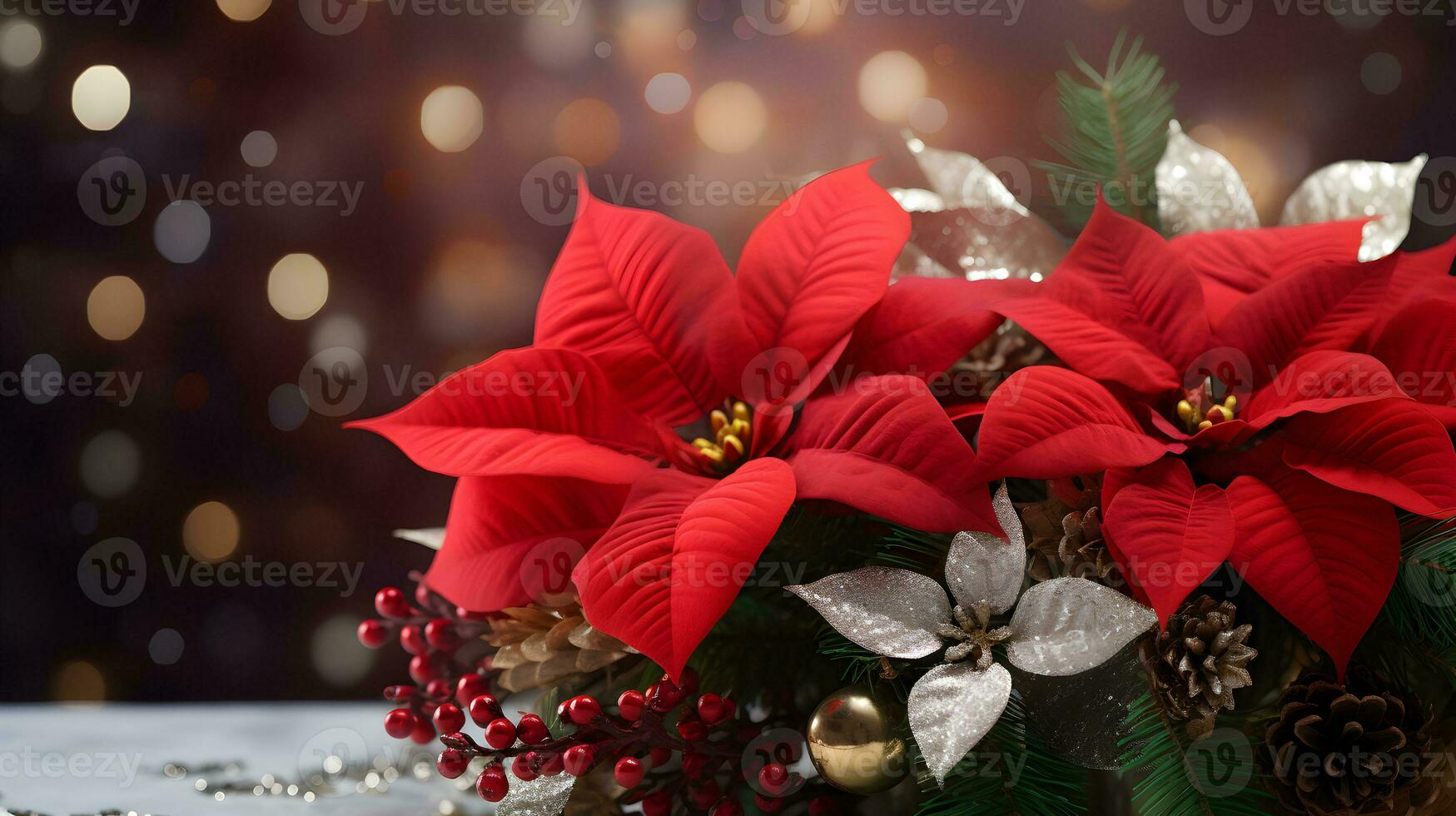 Christmas decoration with poinsettia and pine arrangement. AI generated image. photo